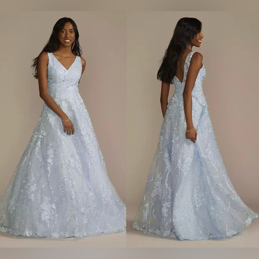NWT Long 3D Floral Ball Gown Ice Blue 4